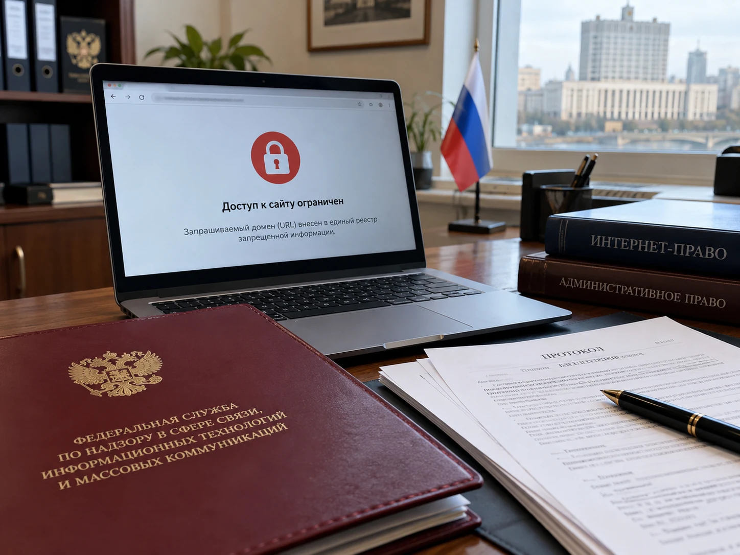 Рабочий стол с ноутбуком, юридическими документами и экраном с ограничением доступа