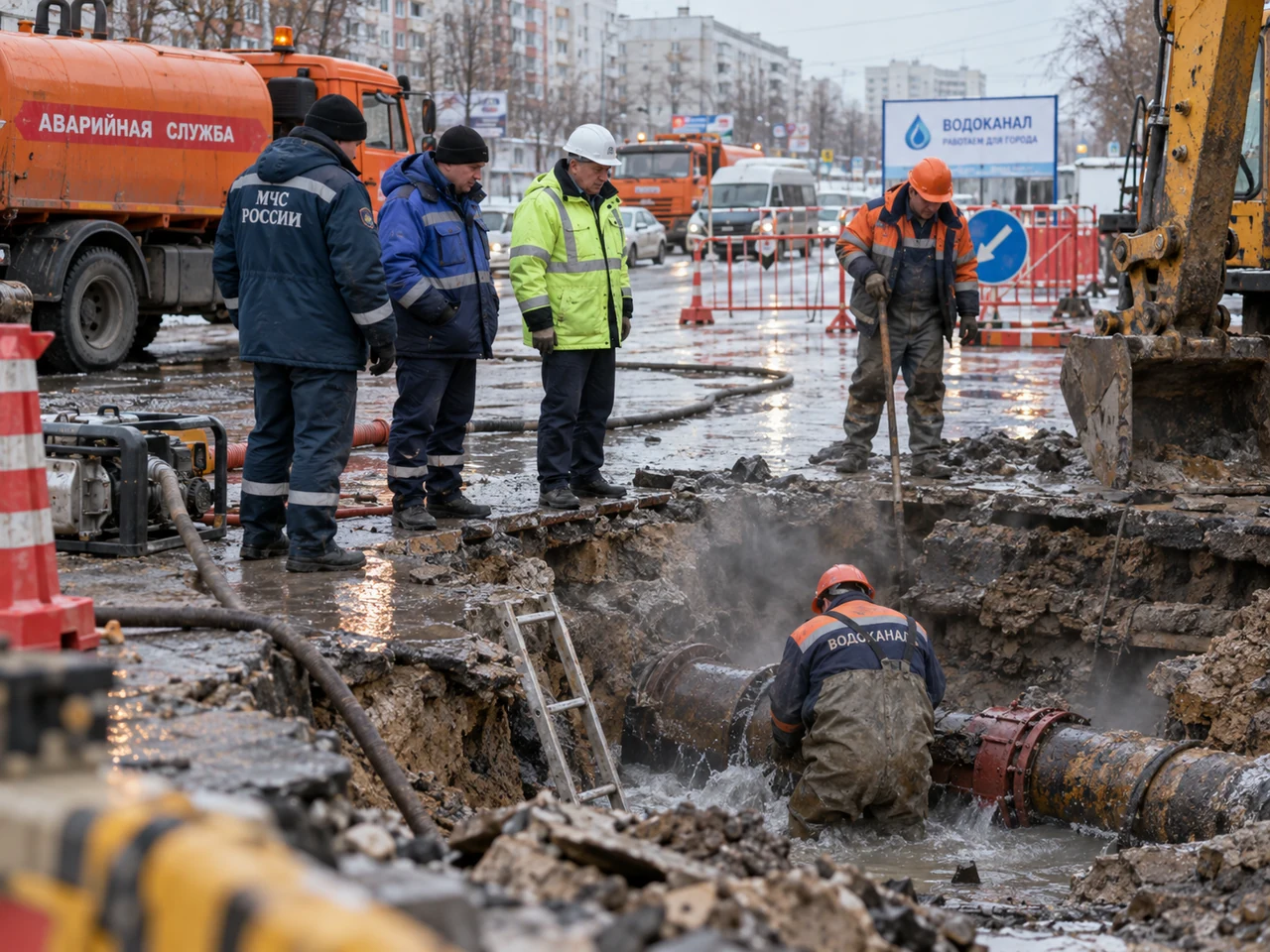 Коммунальные службы устраняют аварию на трубопроводе