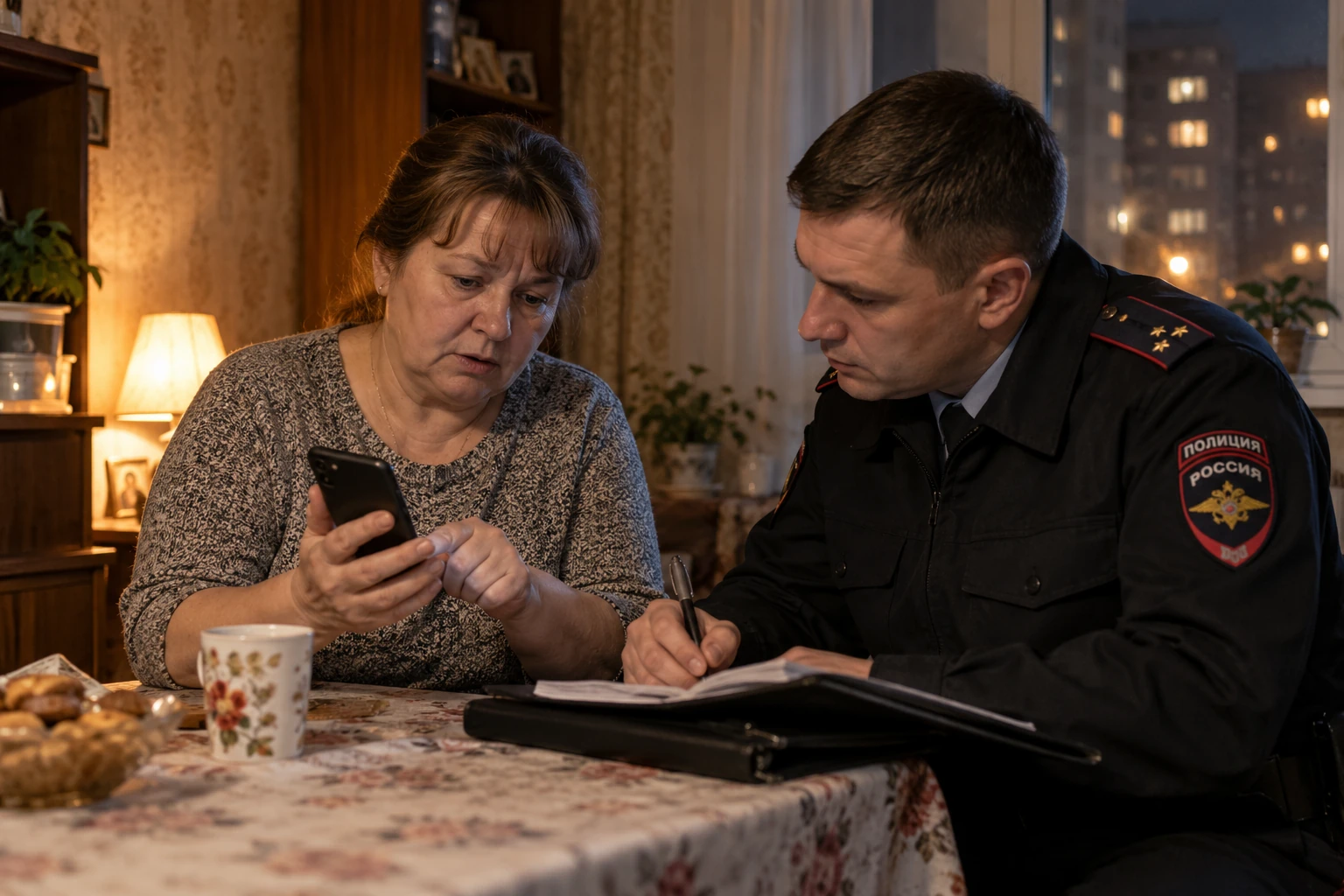 Женщина показывает телефон сотруднику полиции при обращении по поводу мошенничества