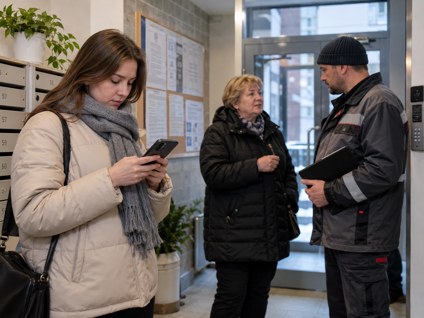 Жительница использует смартфон в подъезде, рядом представитель управляющей организации общается с соседкой