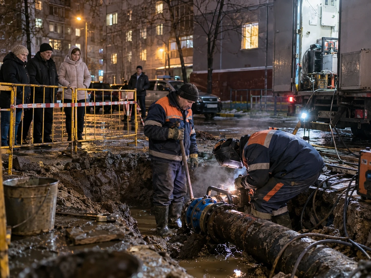 Коммунальная аварийная бригада ремонтирует повреждённую трубу во дворе вечером