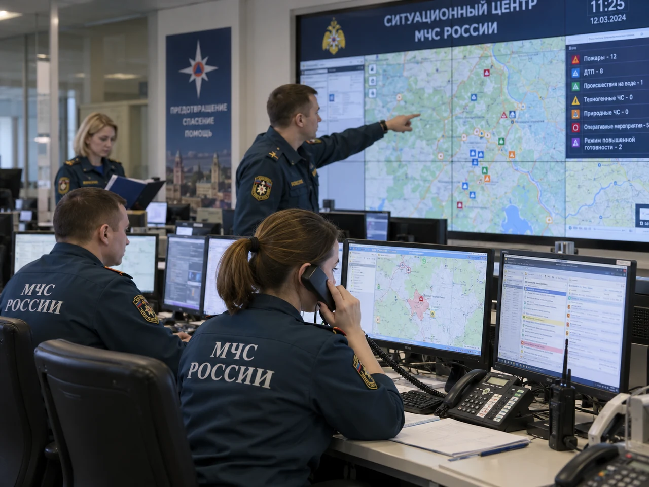 Сотрудники экстренных служб в ситуационном центре