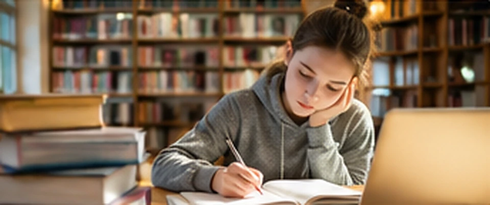 Студентка занимается в библиотеке с книгами и ноутбуком