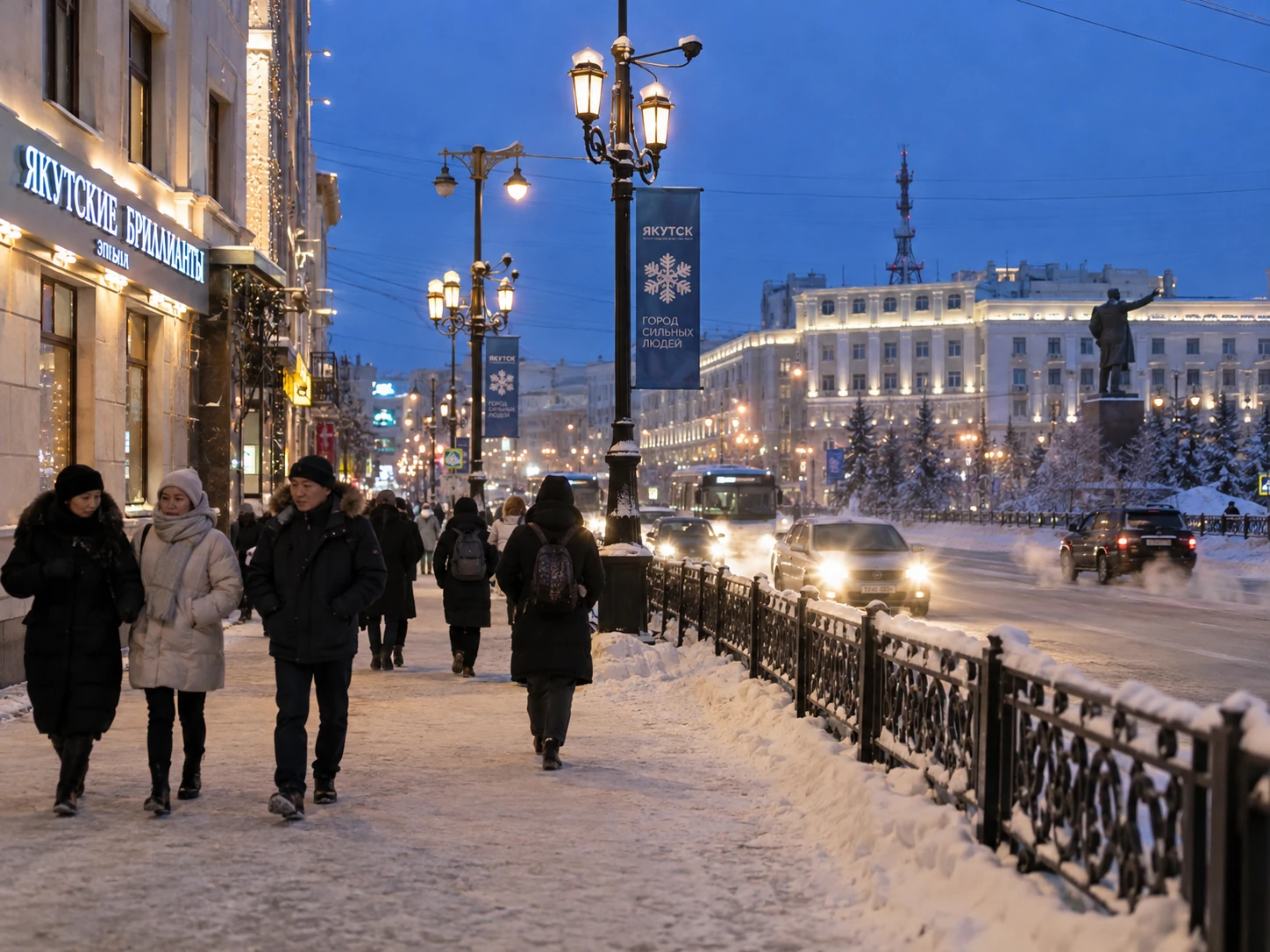 Вечерняя улица Якутска зимой